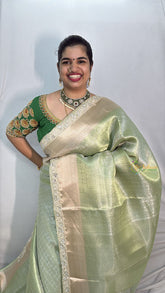 Vriksham Pista With Pearl Lace Katan Tanchoi Tissue Saree-VS4501